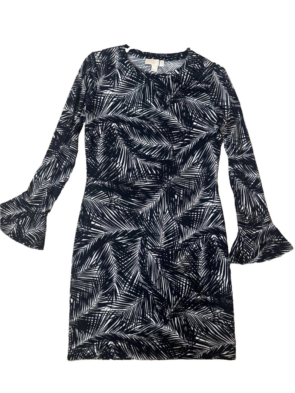 Michael Kors Shift Dress Size M Black White Abstract Knee Long Bell Sleeve